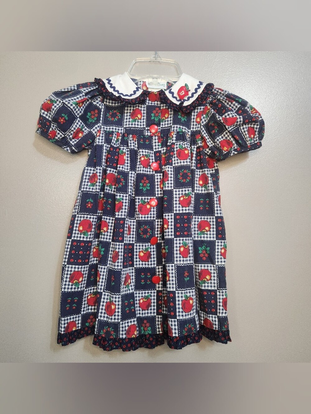 Vintage 80s Rare Editions Dress with Apple Print and White Collar Size 4 - Picture 5 of 10